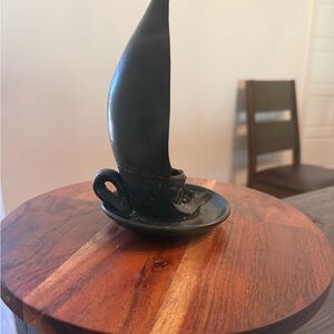 Vintage Barro Negro black pottery flame-shaped candle holder.